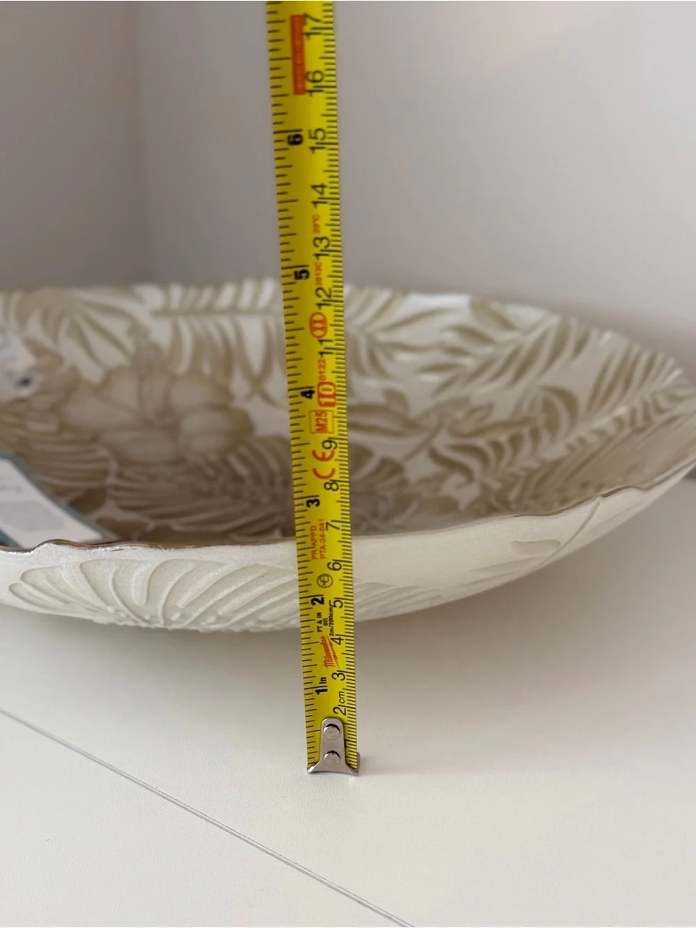 Decorative Tropical Leaf & Hibiscus Serving Bowl - Cream & Gold 13”